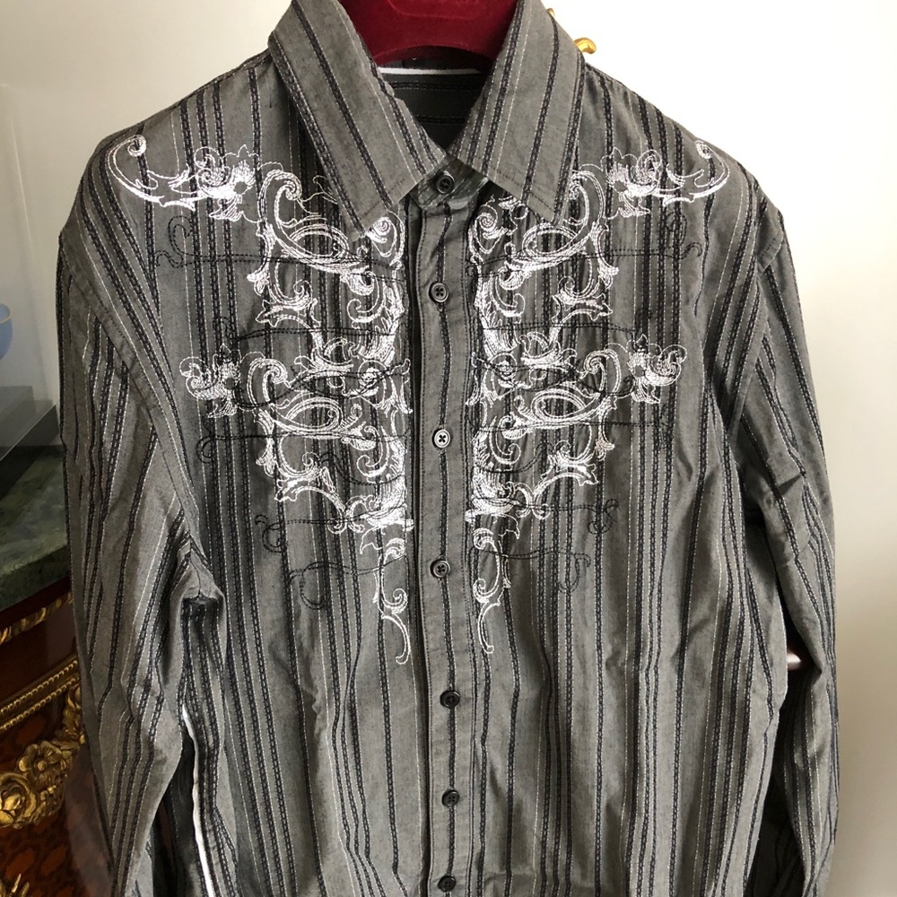Dressy embroidered grey cotton shirt, sz.S, new
